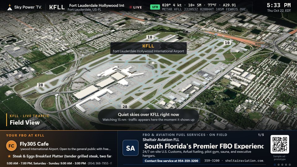 Fort Lauderdale airport in live mode with no nearby traffic shown, Fly305 Cafe as the host and a sample FBO panel.