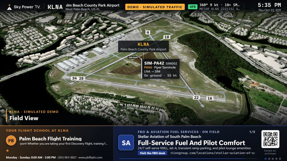 Palm Beach County Park Airport in demo mode, with Palm Beach Flight Training on the host panel and a sample FBO ad beside it.