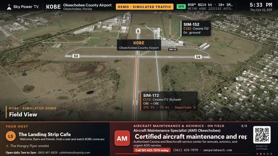 Okeechobee's field view with demo Cessnas and the Landing Strip Cafe host panel.