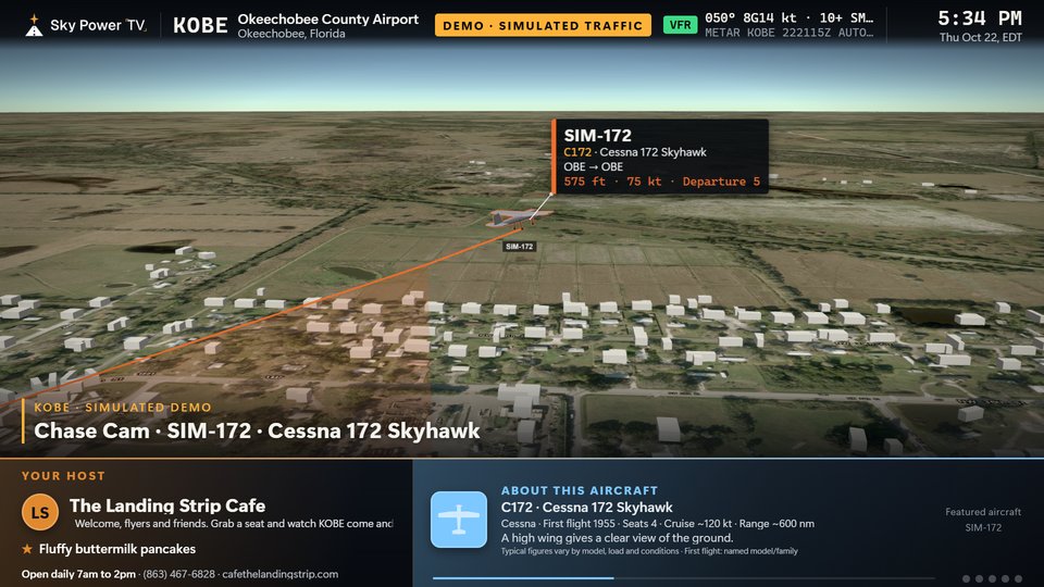 The chase cam behind a simulated Cessna 172 Skyhawk departing runway 5 at Okeechobee.